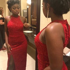 Lyla Red Sleeveless Sequin High Slit Dress